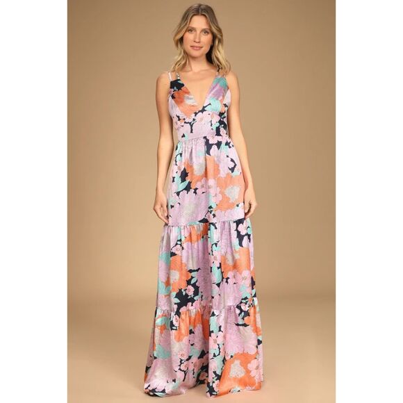 Dreamy Blooms Navy Blue Multi Floral Print Tiered Maxi Dress Lulus NWT Size XS - Picture 1 of 9
